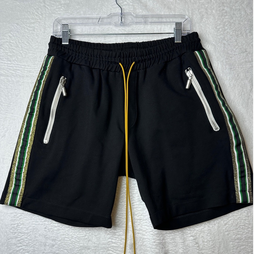 Rhude Track Shorts Mens M Black Gold Green Side Stripe Zipper Pockets